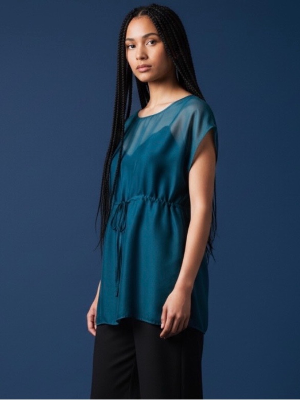 Original VELVET Brnd 100% silk nvy blue cap sleeve empire-cut sheer tunic blouse